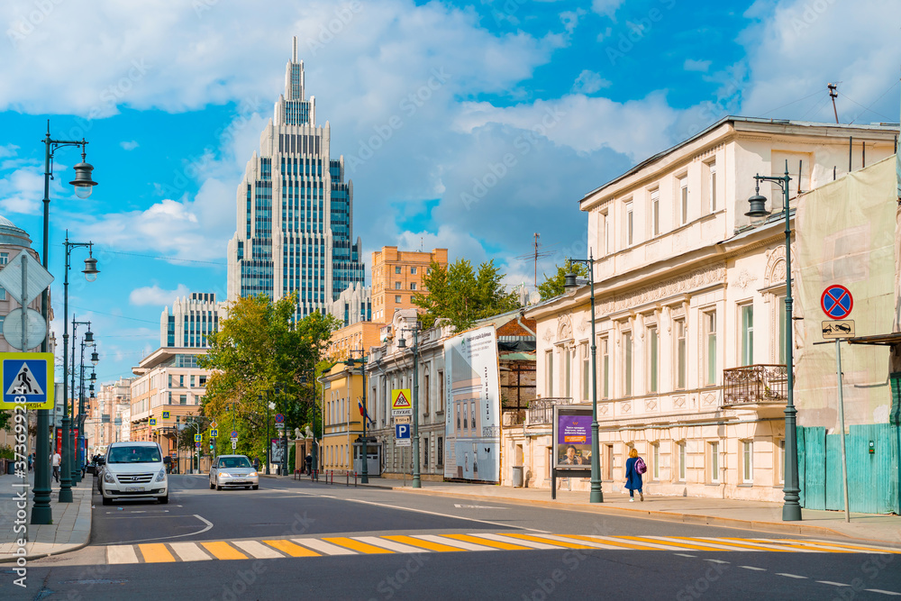 Moscow / Russia - 16 Aug 2020: Panoramic view of Moskovskaya street with a view of the high-rise business center 