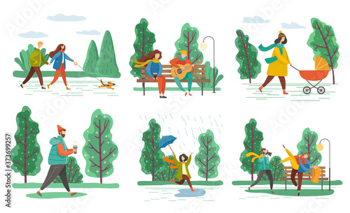 People walking in park different weather raining and sunny. Man and woman going with dog, playing guitar on bench. Leisure of mother with carriage, people dance near trees set isolated on white vector