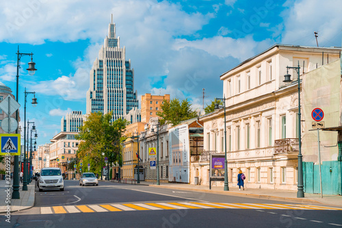 Moscow / Russia - 16 Aug 2020: Panoramic view of Moskovskaya street with a view of the high-rise business center "Armory"