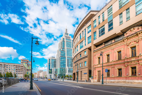 Moscow / Russia - 16 Aug 2020: Panoramic view of Moskovskaya street with a view of the high-rise business center "Armory"