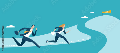 Climbing the hill of financial success. Business vector illustration.