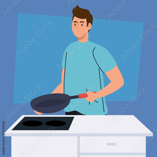 man cooking with frying pan in kitchen scene vector illustration design