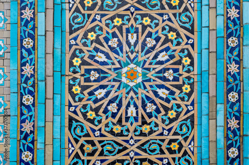 Muslim ornaments at the Blue Mosque in Saint Petersburg, Russia. Traditional Geometric islamic blue mosaic patterns. Close Up photo