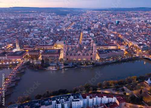 Fototapeta Naklejka Na Ścianę i Meble -  City Zaragoza on dawn. Aerial view. Spain