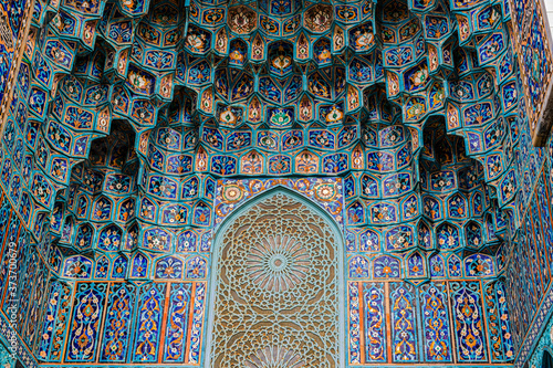 Muslim ornaments at the Blue Mosque in Saint Petersburg, Russia. Traditional Geometric islamic blue mosaic patterns. Close Up photo photo