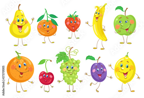 Fototapeta Naklejka Na Ścianę i Meble -  Cute colorful fruits. Pear, tangerine, strawberry, banana, apple, orange, cherry, grape, plum, and lemon. In cartoon style. Isolated on white background. Vector flat illustration.