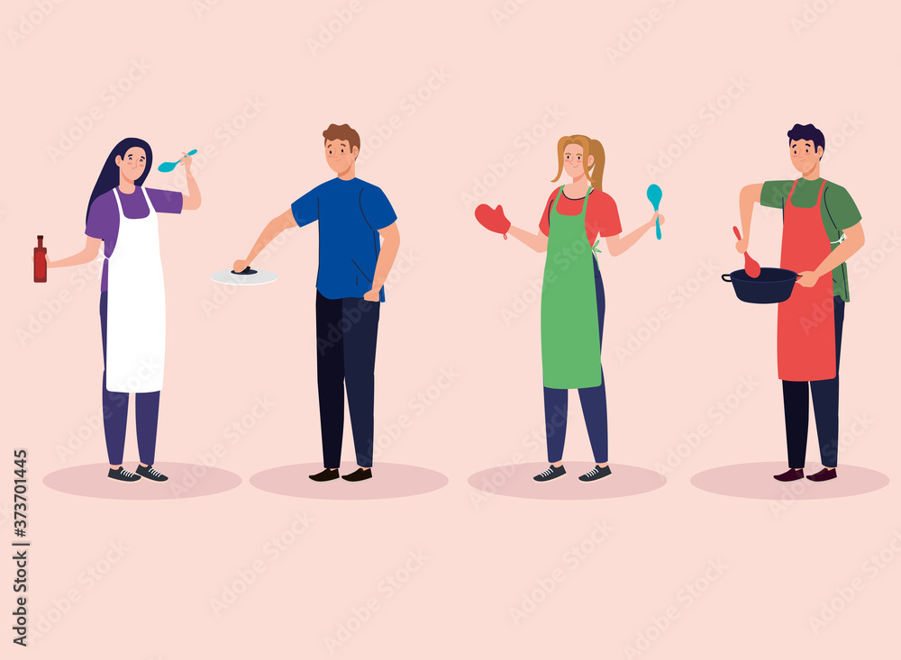 Naklejka premium group of young people cooking, avatar characters vector illustration design