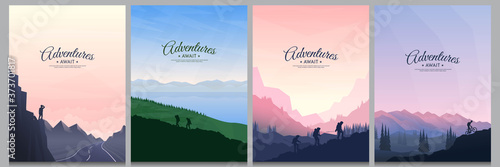 Vector brochure cards set. Travel concept of discovering, exploring and observing nature. Hiking. Adventure tourism. Flat design template of flyer, magazine, book cover, banner, invitation, poster.