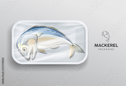 Mackerel fish one, in white foam tray wrapped in plastic packaging, design popular food in thailand on gray background, Eps 10 vector illustration