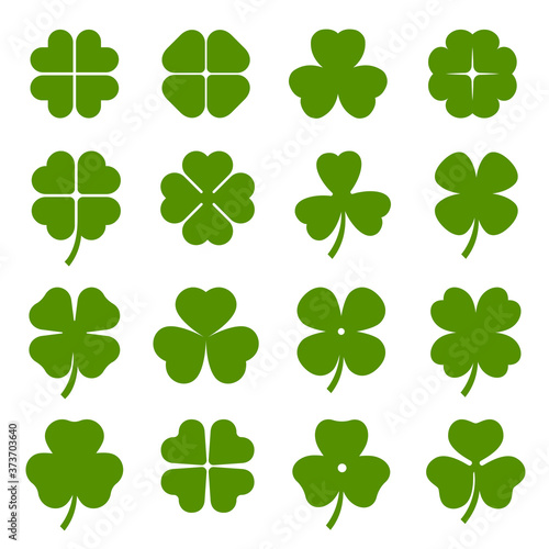 Clover leaves with four and three petals green icons set. Shamrock plant, grass.
