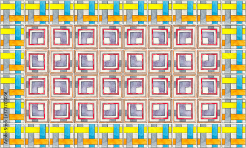 Azulejos em aquarela estilo português. Arte geométrica em tinta e nanquim em papel texturizado com replicação em padrões coloridos. Superfície de lajotas antigas. Ladrilhos detalhados alta resolução