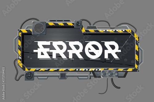Message window with text. Error print. Digital screen set with metal frame. Cyber punk style banner. Futuristic background. Video games concept vector illustration.