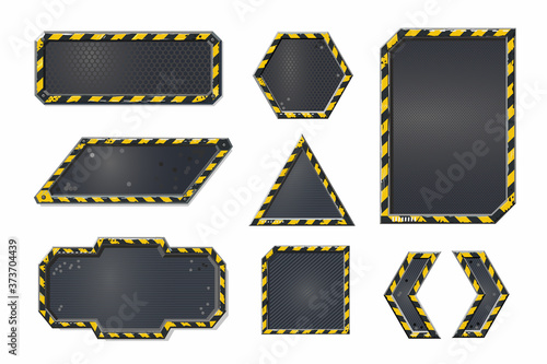 Metal user interface elements set. Cyber punk style banner collection. Futuristic frame boards. Video games concept vector illustration.