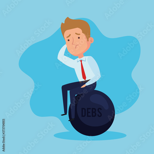 elegant businessman worried sitting in slave fetter, in blue background vector illustration design