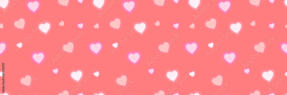 Vector seamless pattern with shining hearts, pastel colors, light red background, shining illustration.