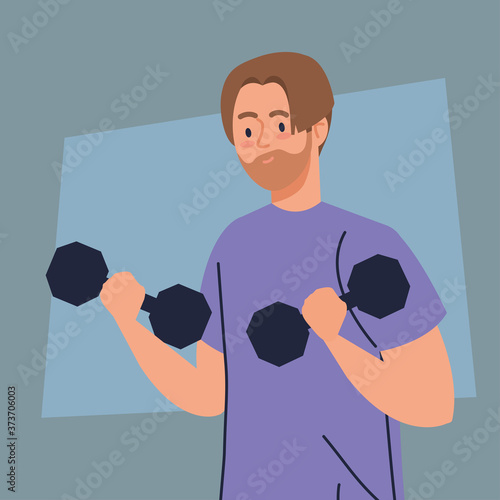 man doing exercises with dumbbells, sport recreation concept vector illustration design