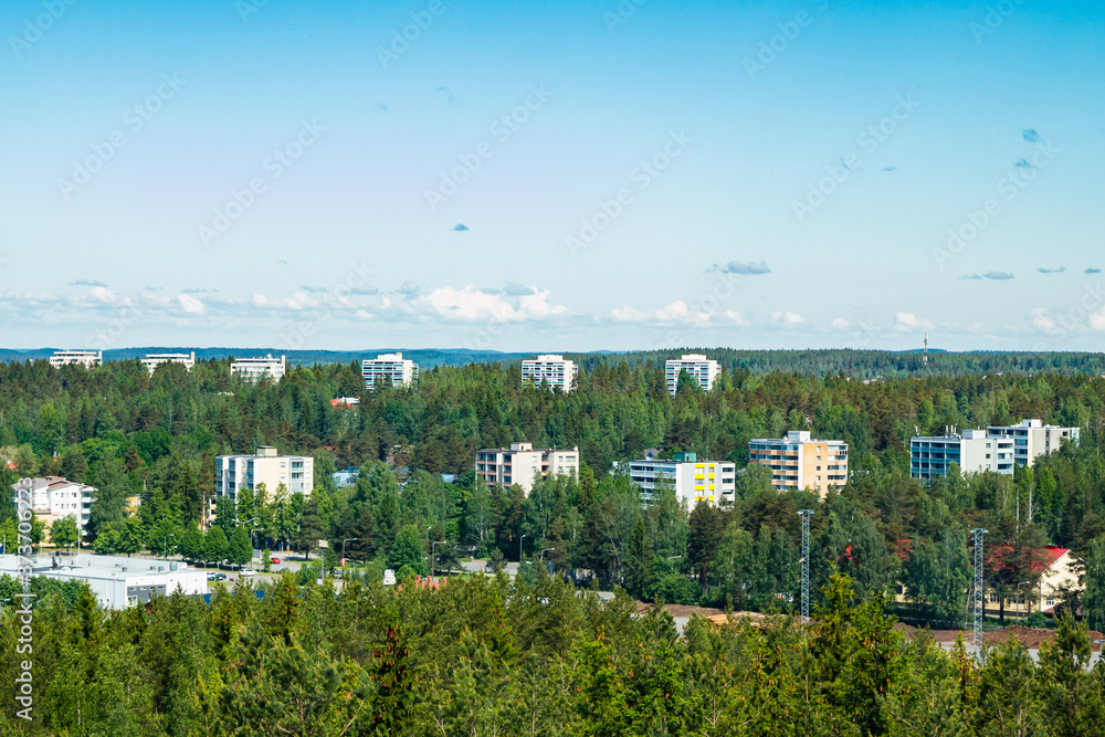 Beautiful top view from above of city Kouvola from slope Mielakka. Summer day, Finland.