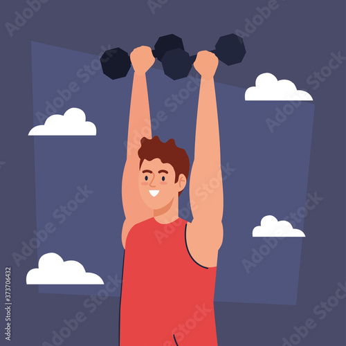 man doing exercises with dumbbells outdoor, sport recreation vector illustration design