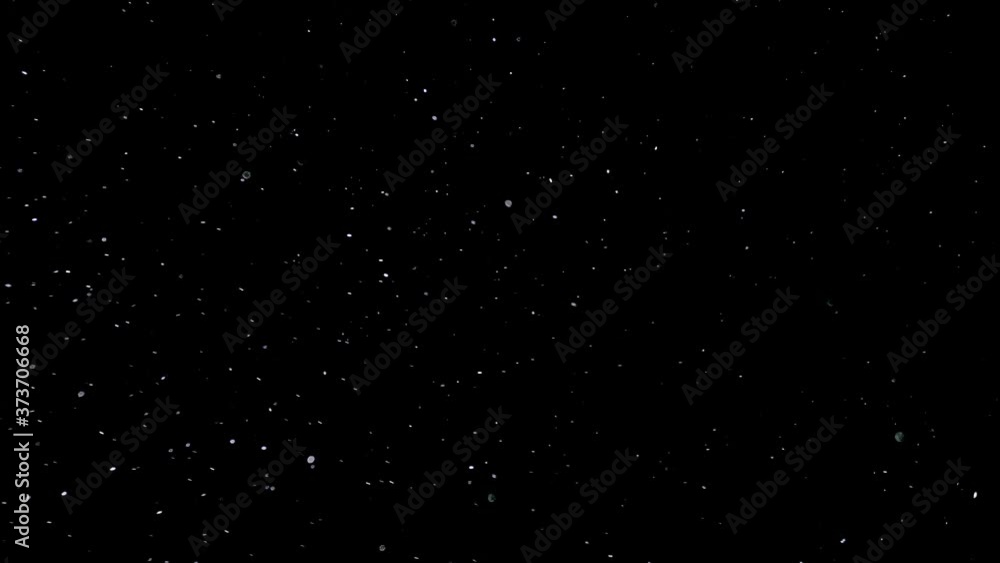 Natural Organic Dust Particles Floating On Black Background. Dynamic Dust Particles Randomly Float In Space. Shimmering Glittering Dust Particles With Bokeh.