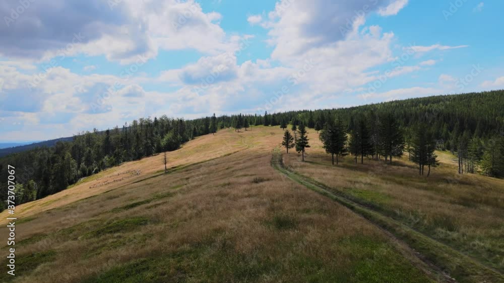 Flying over mountain meadow on sunny summer day in Beskidy, Hala Radziechowska, Poland Flying over mountain meadow on sunny summer day in Beskidy, Hala Radziechowska, Poland