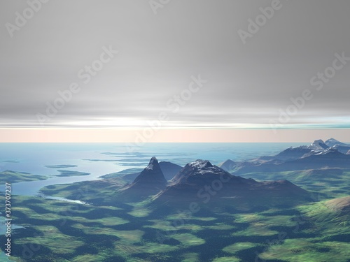 3D ilustration of mountain and sea landscape