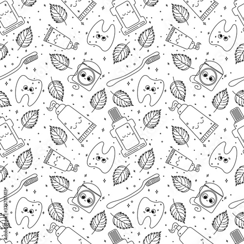Vector seamless pattern - kawaii hand drawn dentist set objects. Cute doodle sketch with tooth, toothbrush, dental floss, mouthwash, toothpaste and mint leaves.