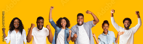 Collage of happy black people celebrating success on yellow