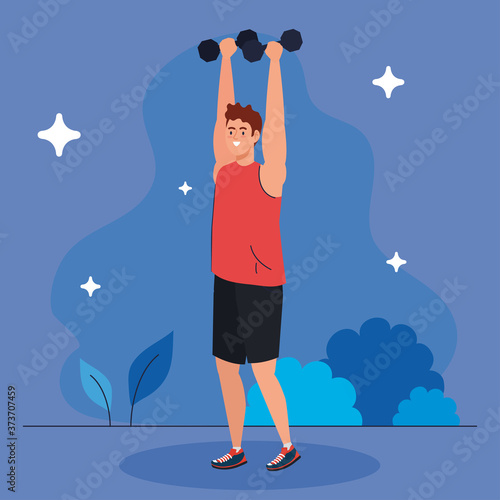 man doing exercises with dumbbells outdoor, sport exercise recreation vector illustration design