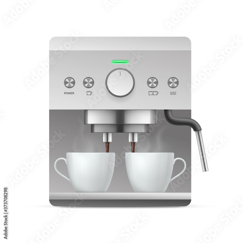 Modern coffee machine. Coffee maker with two cups of hot drink. Kitchen appliance or barista equipment realistic vector illustration isolated on white background
