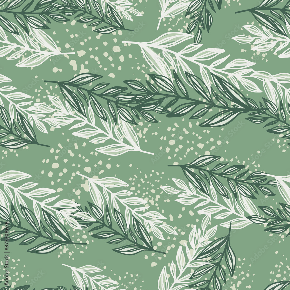 Random seamless floral patten with stylized outline branches elements. White and dark green contoured ornament on liight olive background with splashes.