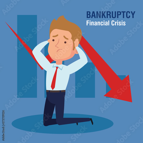 banner bankruptcy financial crisis, with businessman, arrow down and infographic vector illustration design