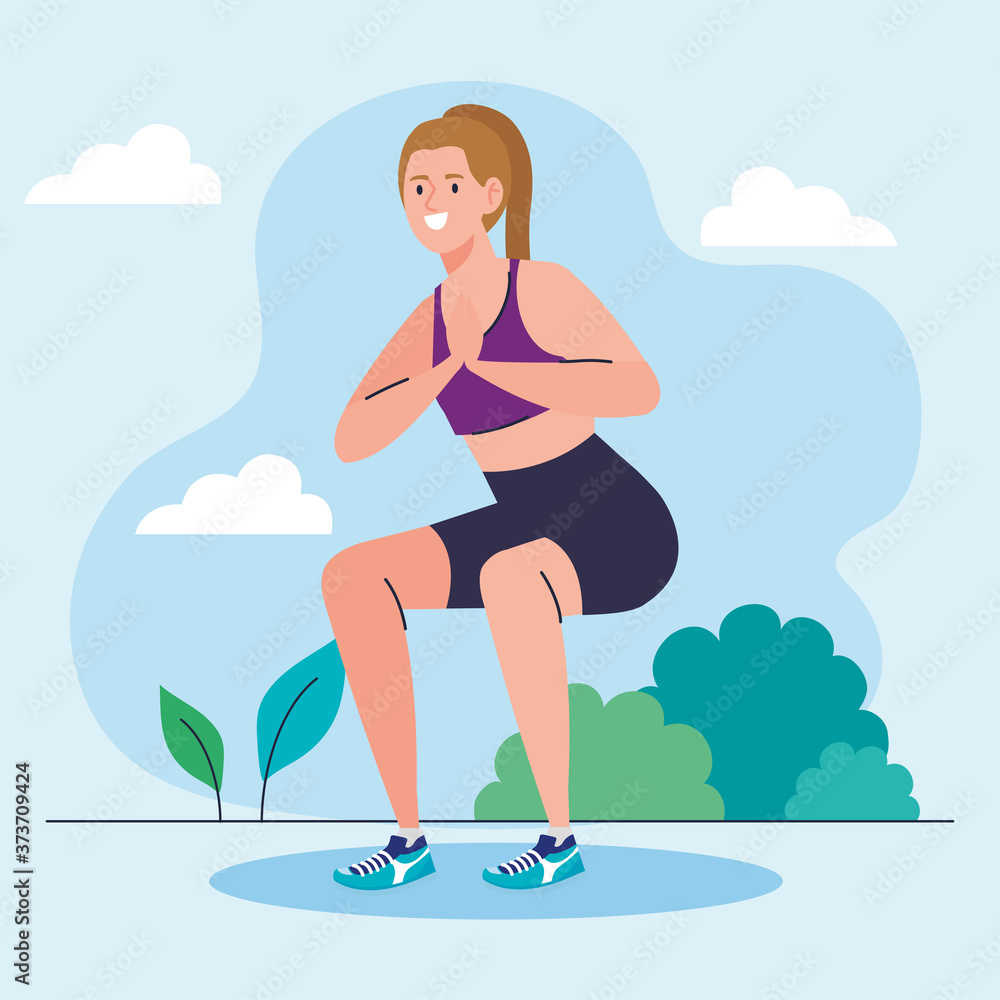 woman doing squats outdoor, sport recreation exercise vector illustration design