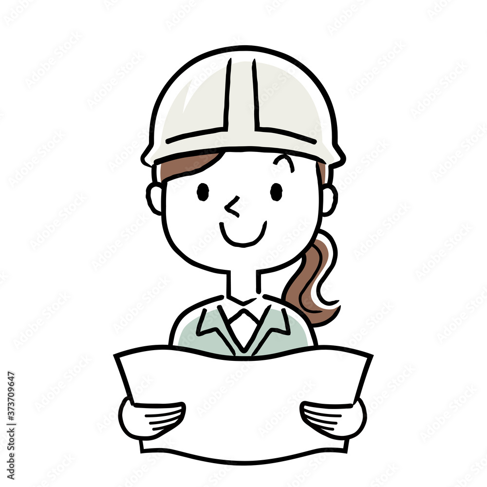 Stock illustration: young woman wearing work clothes, blueprint Stock illustration: young woman wearing work clothes, blueprint