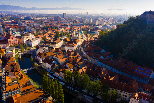 View from drone of residential areas of Slovenian city of Ljubljana in sunny day