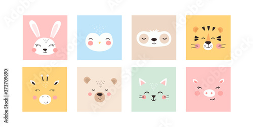 Set with trendy cute animals. Funny animal faces. Perfect for textiles, prints, posters and more. All objects are isolated and grouped. Colorful Cartoon Flat Vector Illustration