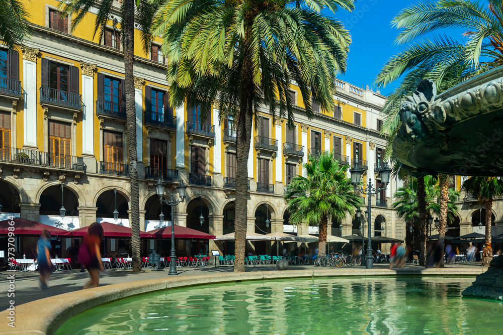 Fountain of Placa Reial at daytime in Barcelona. Spain. High quality photo