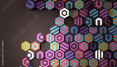 Background with colorful graphic hexagons , wallpaper design. 3D render / rendering.