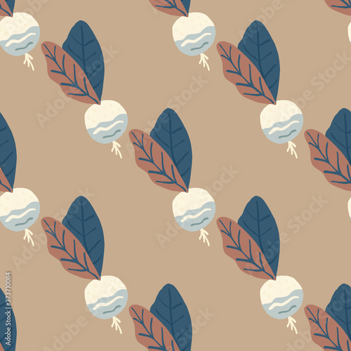Pastel seamless food pattern with radish. Vegetable ornament on beige background.