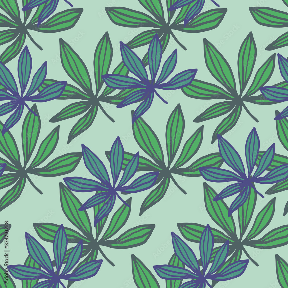 Random seamless drug sheet pattern. Cannabis leafs in green and blue colors with light pastel background.