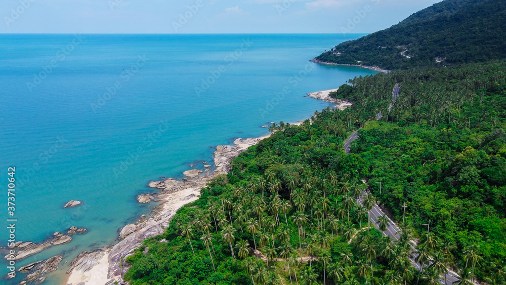 Aerial view of road and beach between Khanom and Sichon, Nakhon Si Thammarat, Thailand