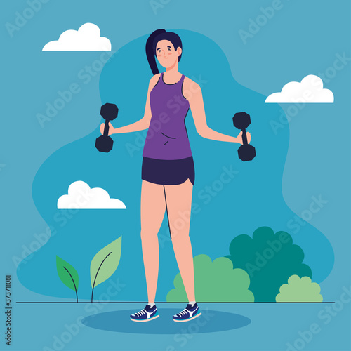 woman doing exercises with dumbbells outdoor, sport recreation exercise vector illustration design