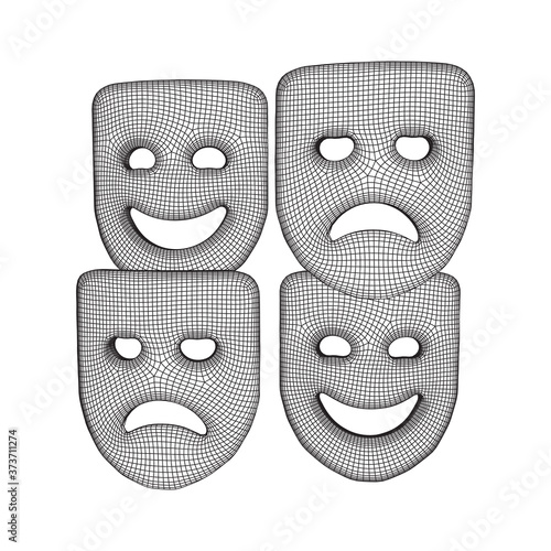 Theatrical masks tragedy and comedy character. Wireframe low poly mesh vector illustration.