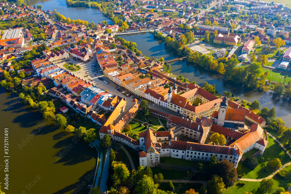 Aerial landscape of small czech town of Telc with famous Main Square (UNESCO World Heritage Site) in autumn day