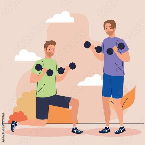 men doing exercises with dumbbells, sport recreation exercise vector illustration design
