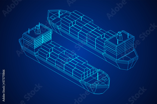 Heavy dry cargo ship of bulk carrier with freight containers. Wireframe low poly mesh vector illustration.