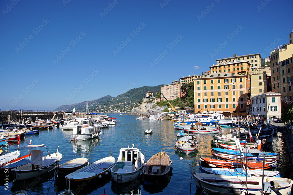 The harbour in Camogli is thronged with tourist boats