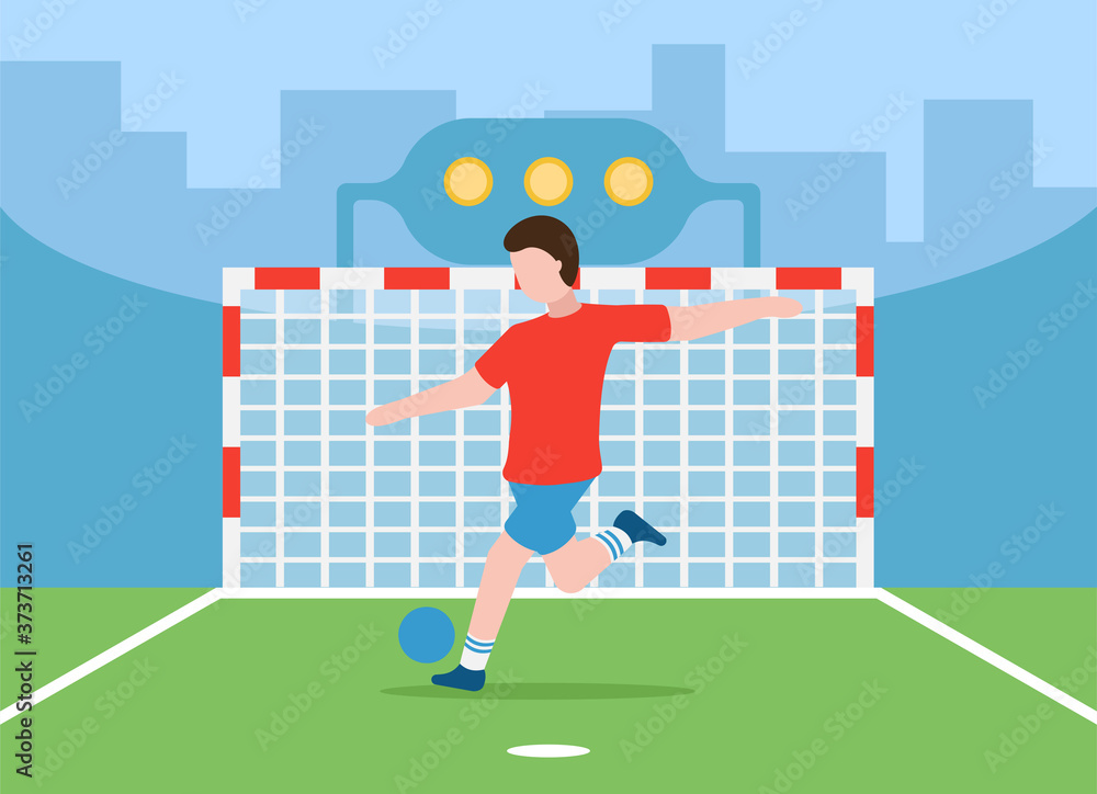 Fototapeta premium Vector football concept. Healthy lifestyle. Energetic sports. A man in a huge stadium in sportswear swings his leg and kicks a soccer ball into the goal. Professional game.