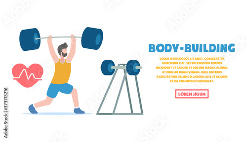 Vector body-building concept. Healthy lifestyle. Professional sports. A pumped-up man in sportswear lifts a huge heavy dumbbell above him, which he took from the counter. Heart strain.