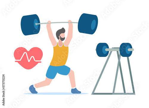 Vector body-building concept. Healthy lifestyle. Professional sports. A pumped-up man in sportswear lifts a huge heavy dumbbell above him, which he took from the counter. Heart strain.