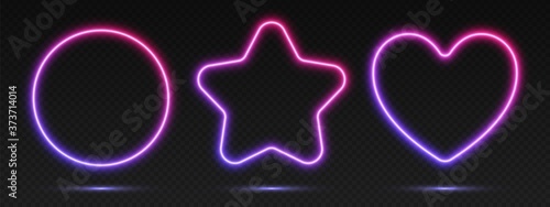 Neon gradient frames set, collection of blue-pink glowing borders isolated on a dark background. Colorful night banners, vector light effect. Circle, star, and heart, bright illuminated shapes.